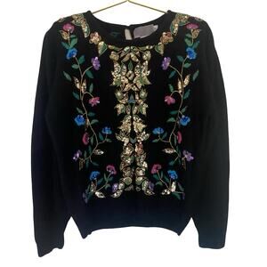 Lauren Cole Petites Vintage 80s Silk Angora Floral Sequin Sweater Small